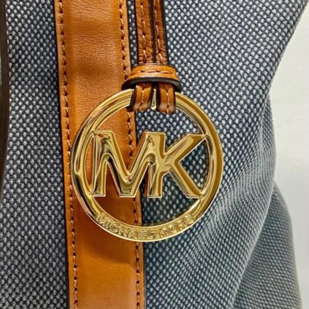 Michael Kors Canvas with Leather Trim Oversized Tote Denim & Brown Rare GUC - Picture 11 of 15